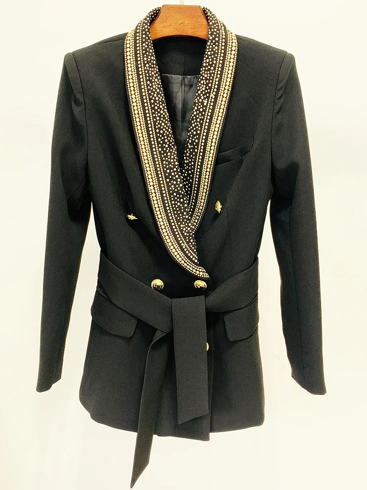 HIGH STREET Veste de créateur élégante blazer à col châle avec ceinture et perles en tôle