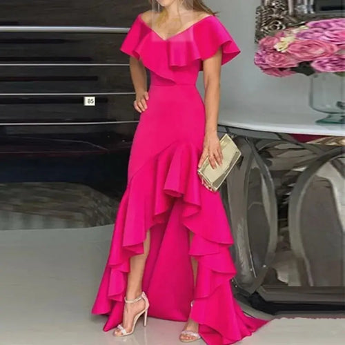 Beauty style elegant V-neck ruffled irregular elegant dress LADYLYS