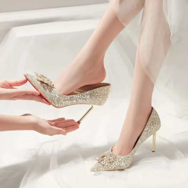 High Heel Shoes Fad Elegant Crystal Pointed Toe Pumps Retro Shallow LADYLYS