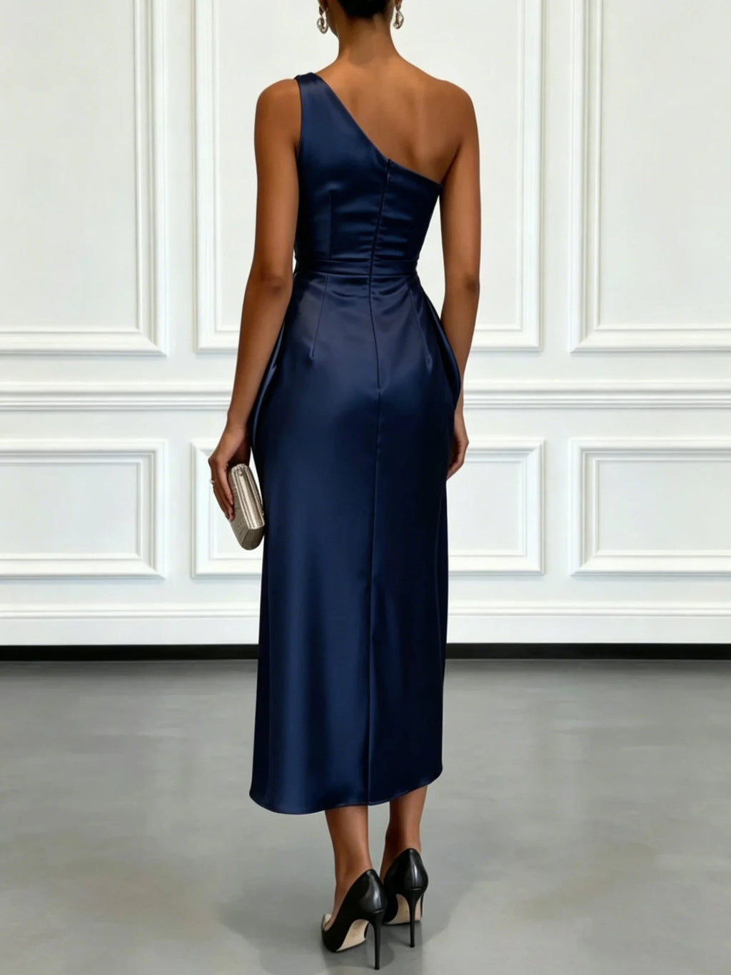 One Shoulder Satin Midi Dress With Ruched Waist Elegant LADYLYS