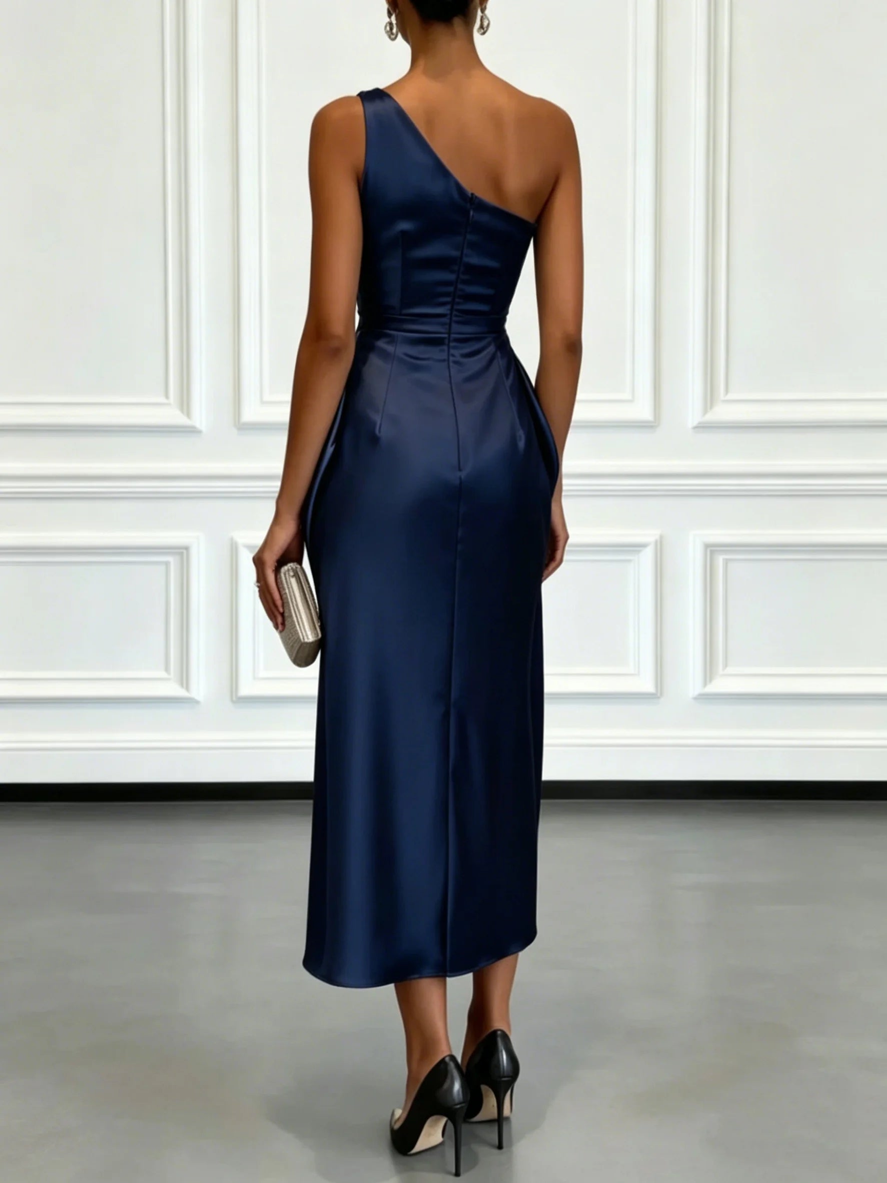 One Shoulder Satin Midi Dress With Ruched Waist Elegant LADYLYS