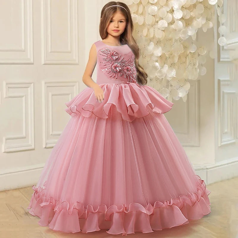 Robe de soirée d'été à perles pour filles, Costume pour enfants, sans manches pour 5-12 ans