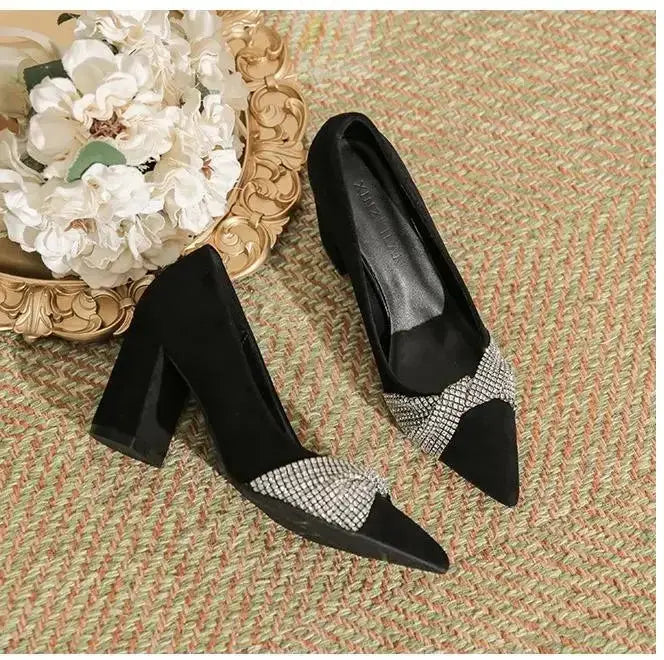 Chunky Heel Pointed Toe Black Rhinestone High Heel Women's Work Shoes Plus Size Pumps LADYLYS