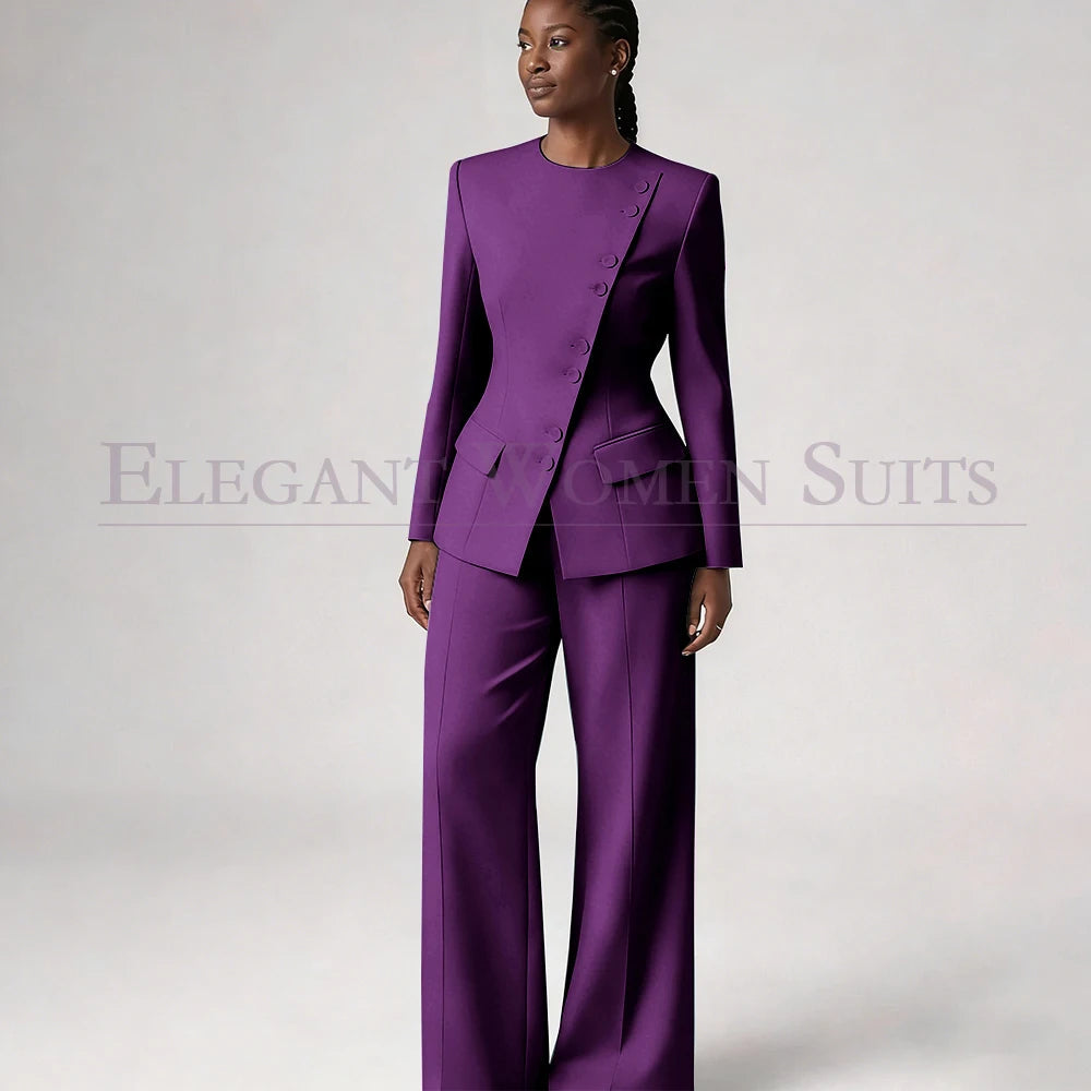 Single Breasted Women's Suits Blazer Luxury O-neck Regular Length 2 Piece LADYLYS