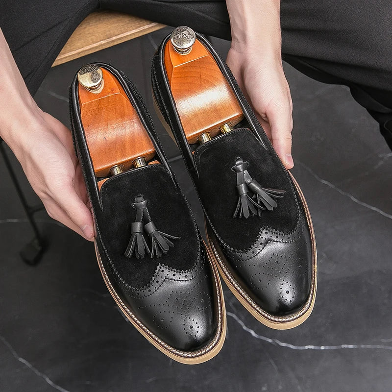 Chaussures Derby en cuir à pompon pour hommes, chaussures noires à enfiler, solides