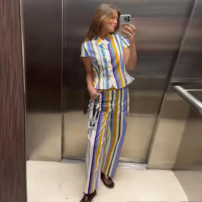 Casual Striped Shirt Trouser Suits Women Short Sleeve V-Neck Button Top LADYLYS