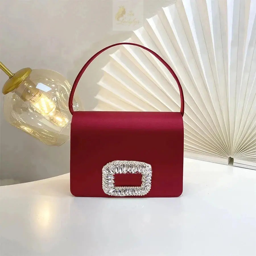 Luxury Diamond Square Button Evening small Bag Clutch Purses Satin Rhinestone LADYLYS