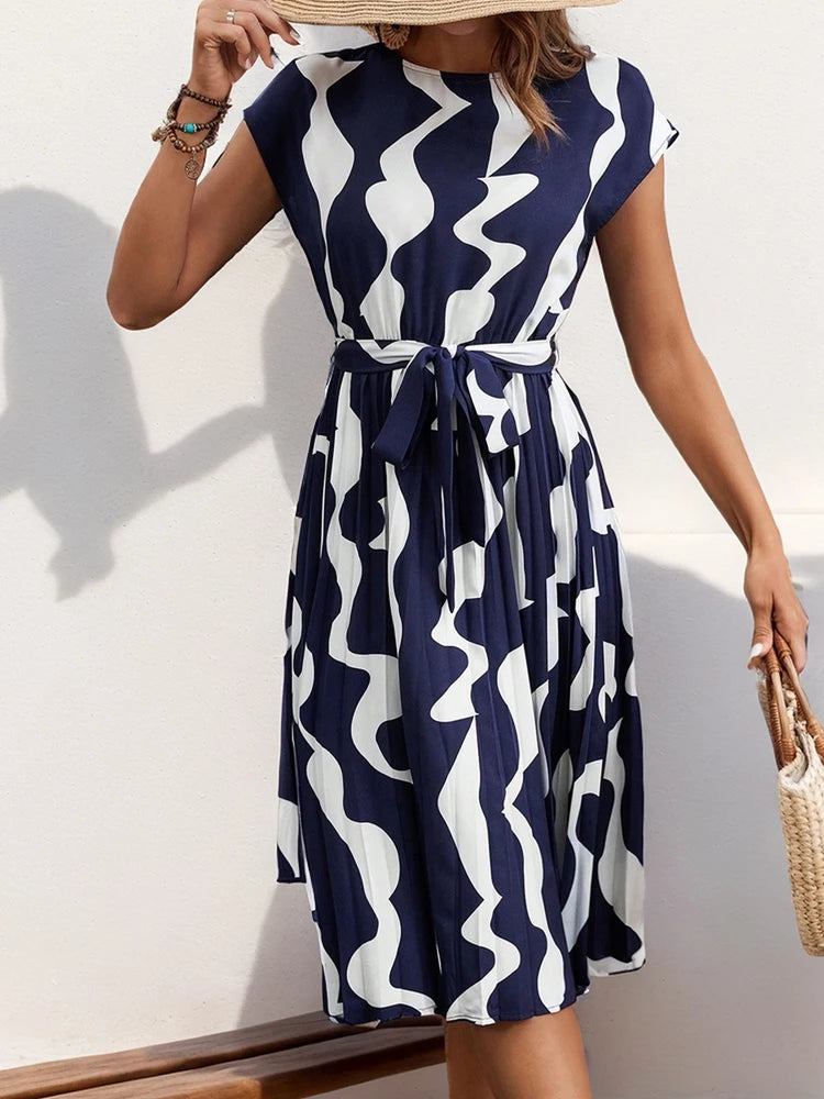 Spring Summer O Neck Pleated Medium Long Dress Fashion Print Lace-up Dress LADYLYS