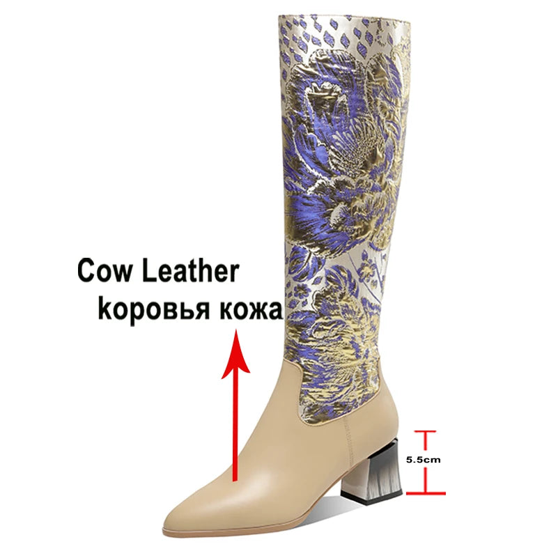 Meotina Femmes Véritable Cuir Bottes Hautes Au Genou Bout Pointu Épais Talons Hauts Broderie Fleur Fermeture Éclair