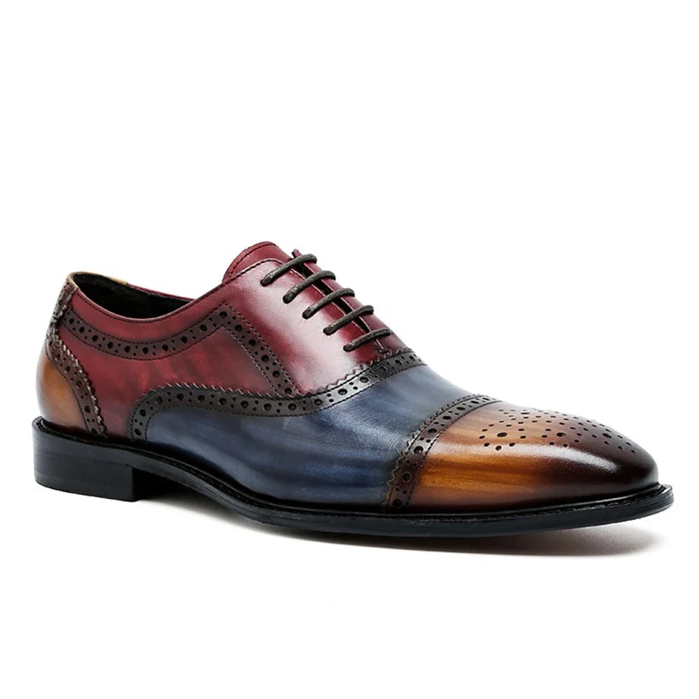 Chaussures Oxford formelles en cuir véritable à blocs de couleurs pour hommes, à lacets, élégantes