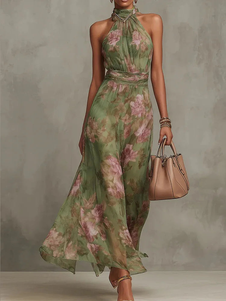 Sleeveless High Neck Ruched Waist Chiffon Flowy Evening Party Dress LADYLYS