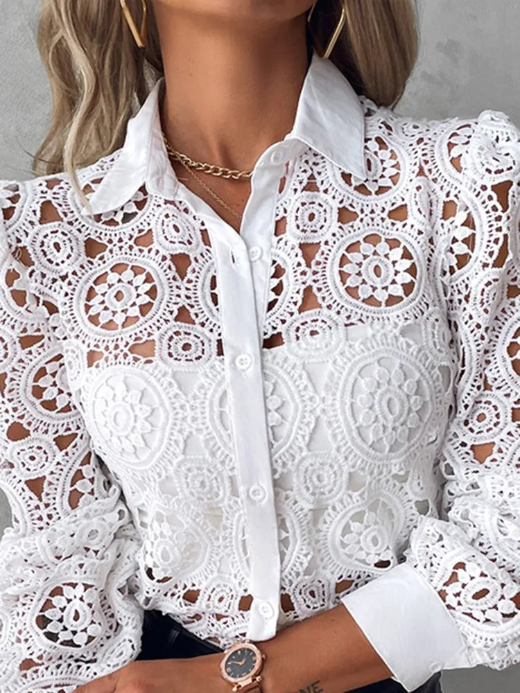 Lace Blouses Elegant Office White Shirt Long Sleeve Button Turn-down Collar Sexy
