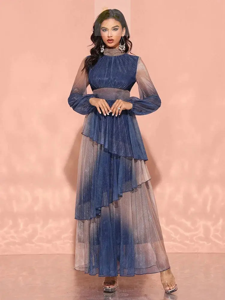 Luxury Elegant Dress With Stand Collar, Lantern Sleeves, And Ruffle LADYLYS