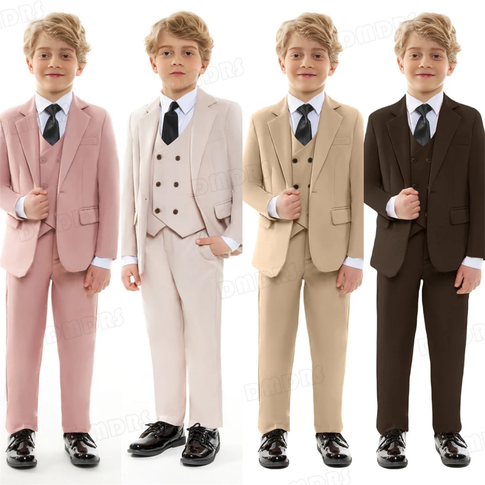 Ensemble de costume formel pour garçon solide, smoking chic pour enfants avec fermeture à un bouton, 4 pièces (veste + gilet + pantalon + cravate)