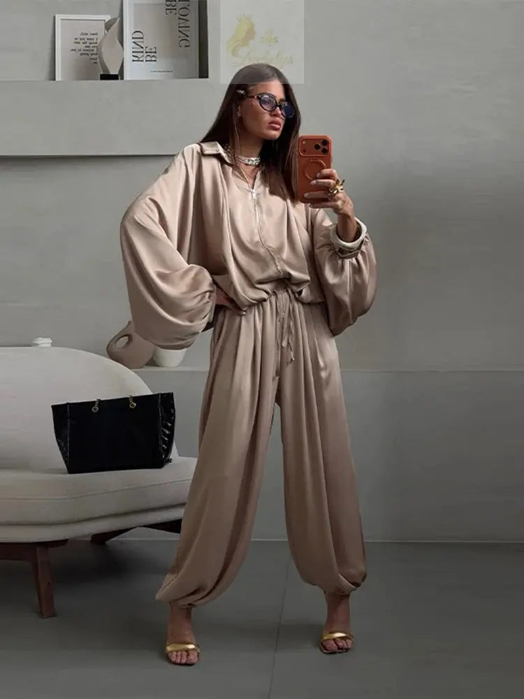 Casual Loose Pleated Shirt Pants Suit Women Solid Full Lantern Sleeve Zipper Shirts Wide Leg LADYLYS