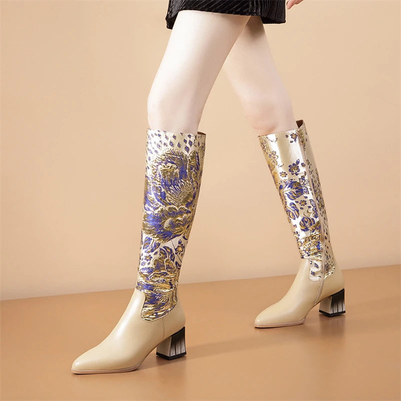 Meotina Femmes Véritable Cuir Bottes Hautes Au Genou Bout Pointu Épais Talons Hauts Broderie Fleur Fermeture Éclair