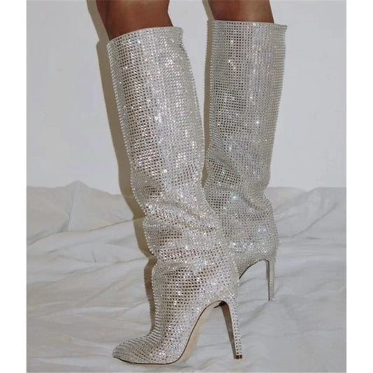 Bottes hautes à strass pour femmes, bottes longues à bout pointu, talons hauts