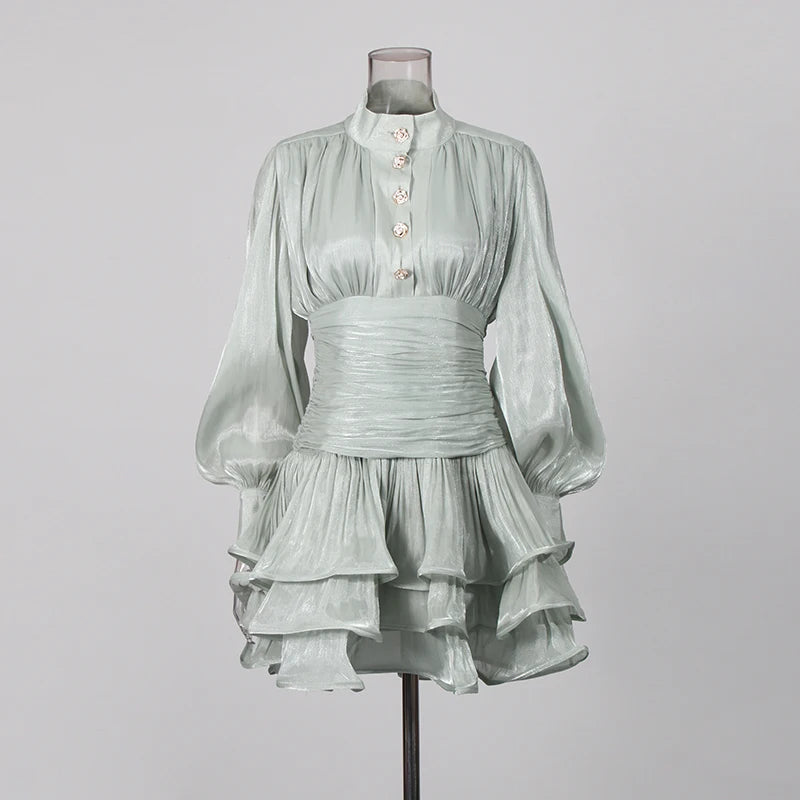 Solid Spliced Ruffles Dress Female Stand Collar Long Sleeve Loose French Elegant LADYLYS
