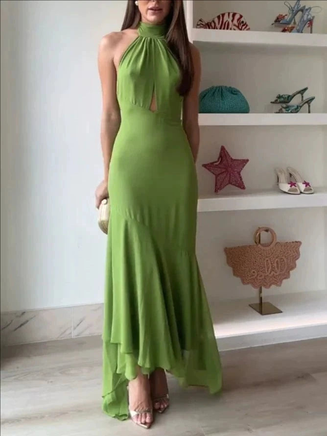 Temperament Halter Neck Long Dresses Green Backless Leace-up Elegant LADYLYS