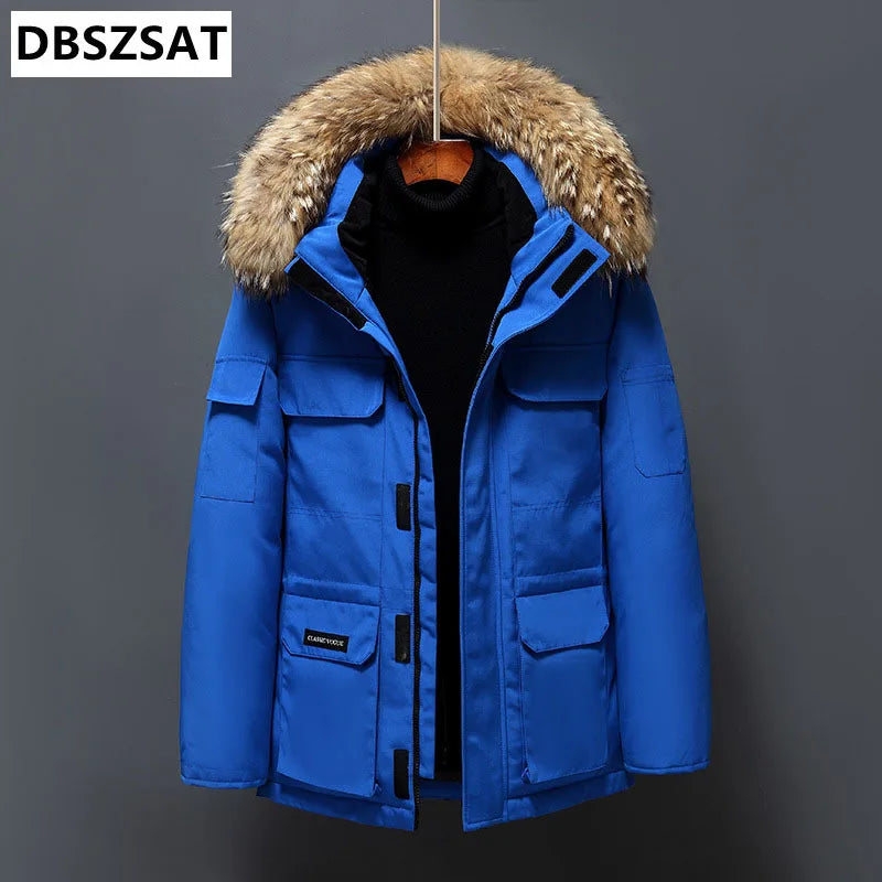 Veste d'hiver en duvet de canard blanc avec col en fourrure pour homme, à capuche, épaisse, multi-poches garde au chaud, parka à -30 degrés