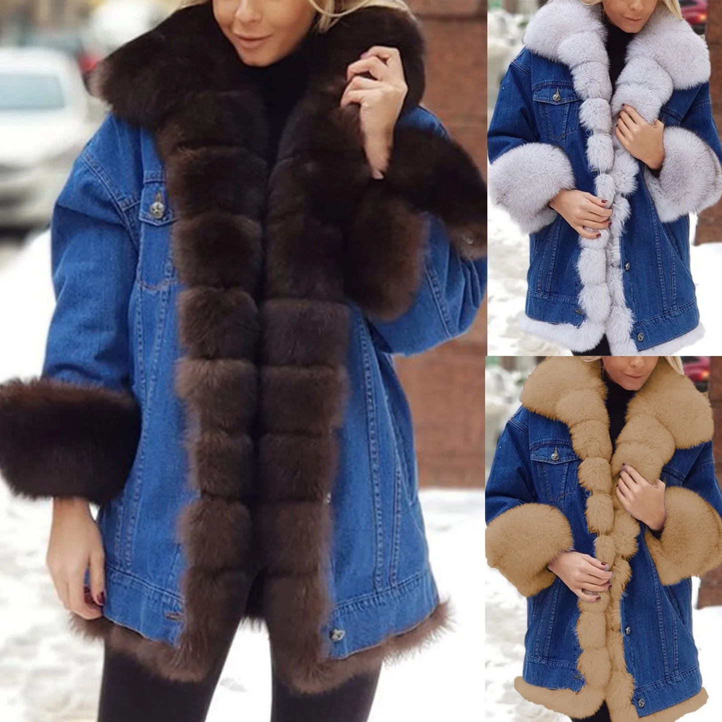 Veste en jean à fourrure intégrée pour femme avec chaleur en peluche Tendance à la mode Ample Confortable Polyvalent Manches longues