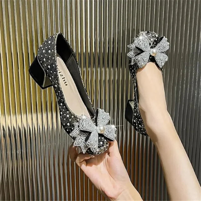 Fashion Thick Heel Square Toe Rhinestone Shallow Mouth Women Shoes Large Size 43 LADYLYS