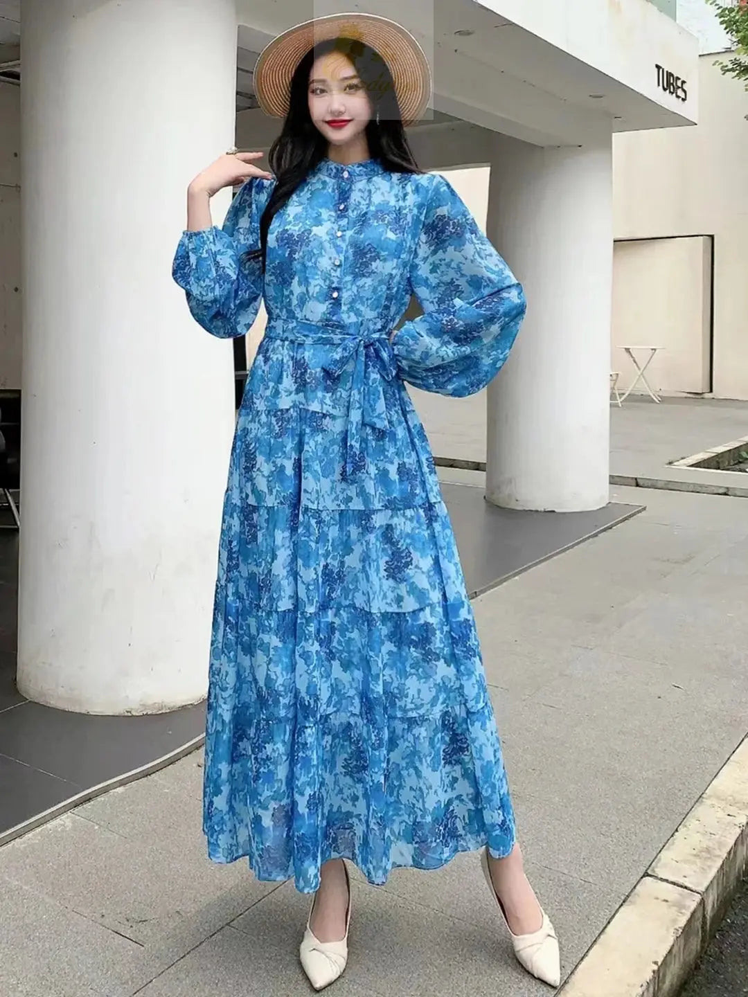 Long Sleeve Bandage Slim Long High Quality Fashion Floral Print Big Hem Chiffon Dress LADYLYS