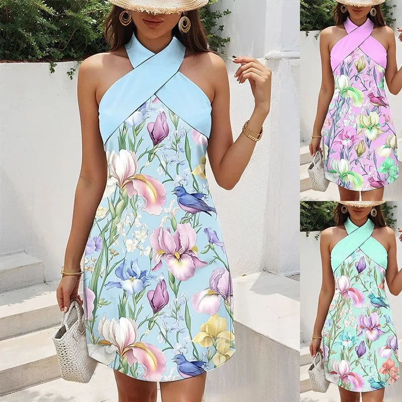 Women's Backless Cross Halter Neck Mini Dress – Sleeveless, A-Line, Summer LADYLYS