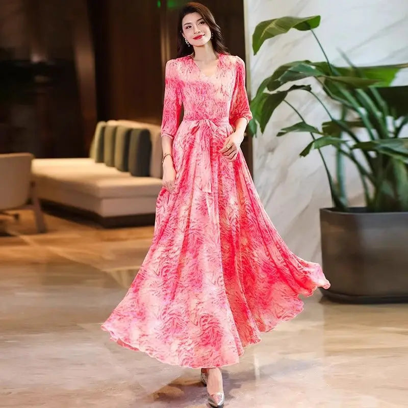 V-Neck Printed Maxi Dress Women's Flared Slimming Gown Polyester Fabric 3D Effect Floral Print LADYLYS