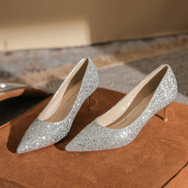 Chaussures de mariée de mariage, de demoiselle d'honneur à paillettes en cristal à talons aiguilles