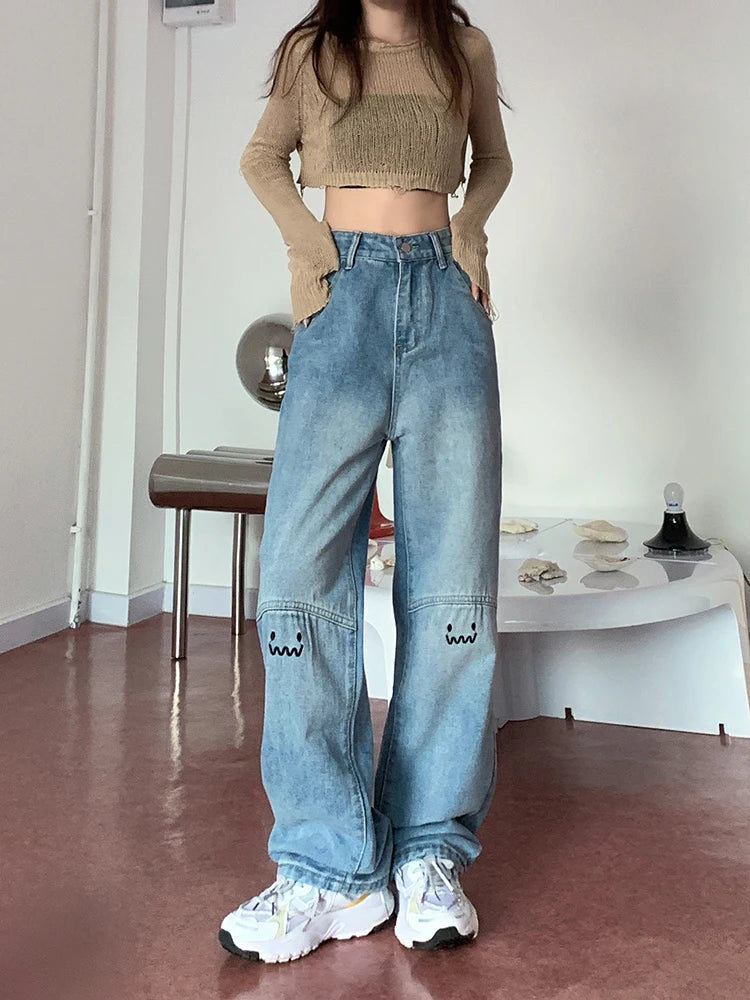 Jean taille haute pour femme, pantalon droit ample, mode streetwear, vintage