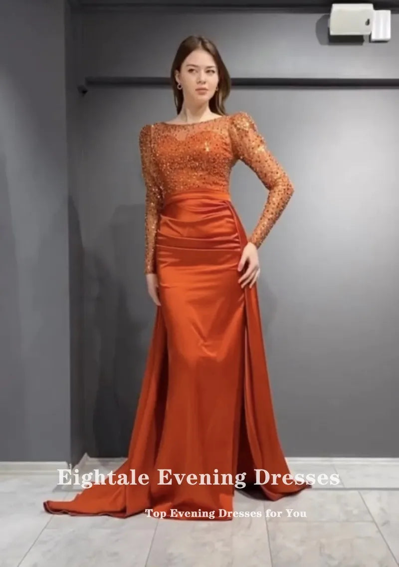 Robe de soirée scintillante Eightale Orange Rouge Brillant Luxe Manches Longues Satin Sirène