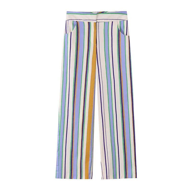 Casual Striped Shirt Trouser Suits Women Short Sleeve V-Neck Button Top LADYLYS