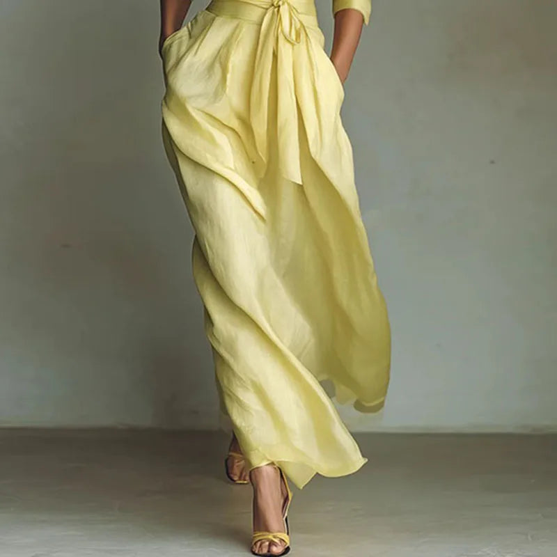 Bohemian Elegant Lace-up Turn-down Collar Hollow Spring 3/4 Sleeve Pocket Maxi Dress LADYLYS