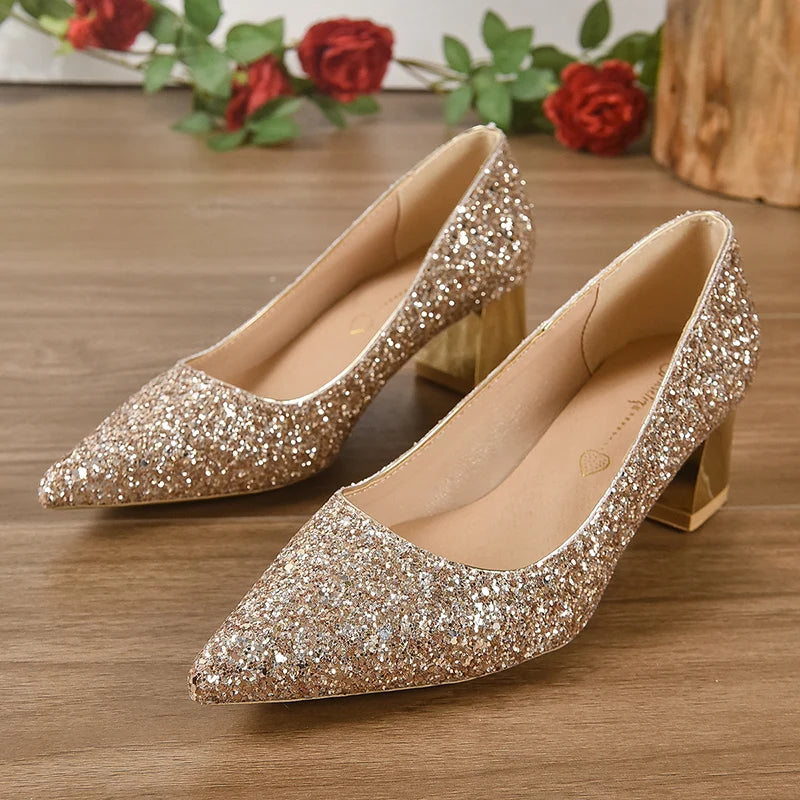 Lucyever Escarpins à bout pointu à paillettes brillantes pour femmes, chaussures à talons hauts épais grande taille 42