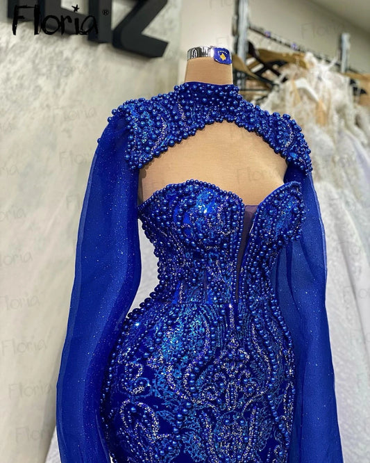 Robe de soirée bleue en dentelle avec perles et appliques, 2 pièces, manches cape, Dubaï