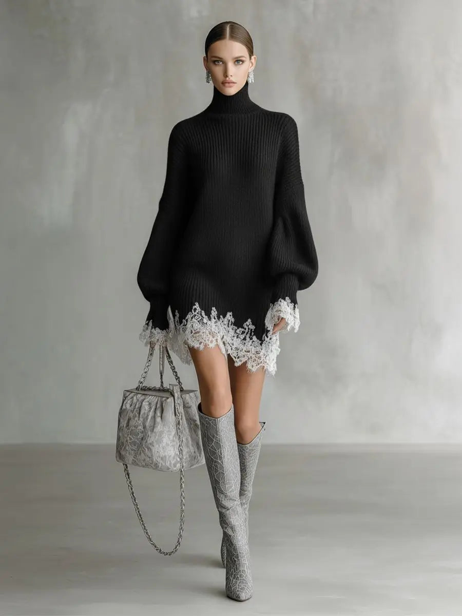 Solid Lace Trim Knitted Mini Dress Women Casual Patchwork Lantern Sleeve Turtleneck Loose Dresses