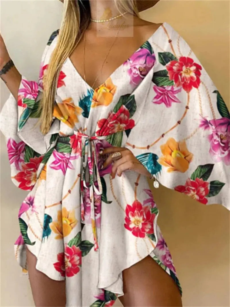 Print Dress Sexy V-Neck Bat Sleeve Ruffl Flowers Mini LADYLYS