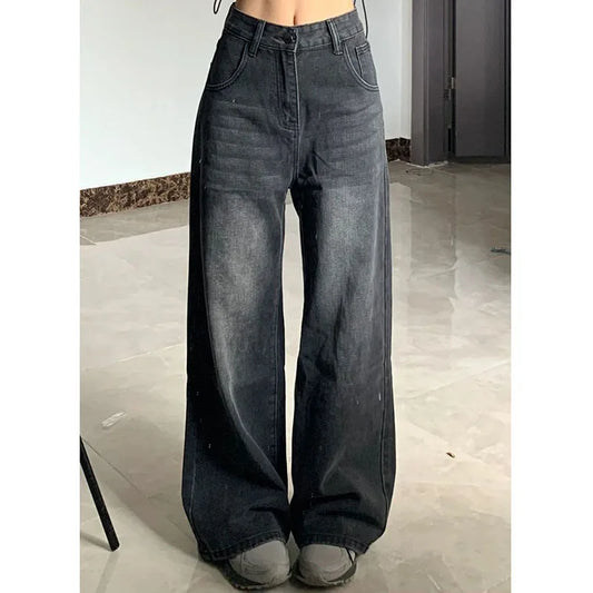 Vintage Streetwear Noir Jeans Femmes Été Taille Haute Baggy Pantalon Large