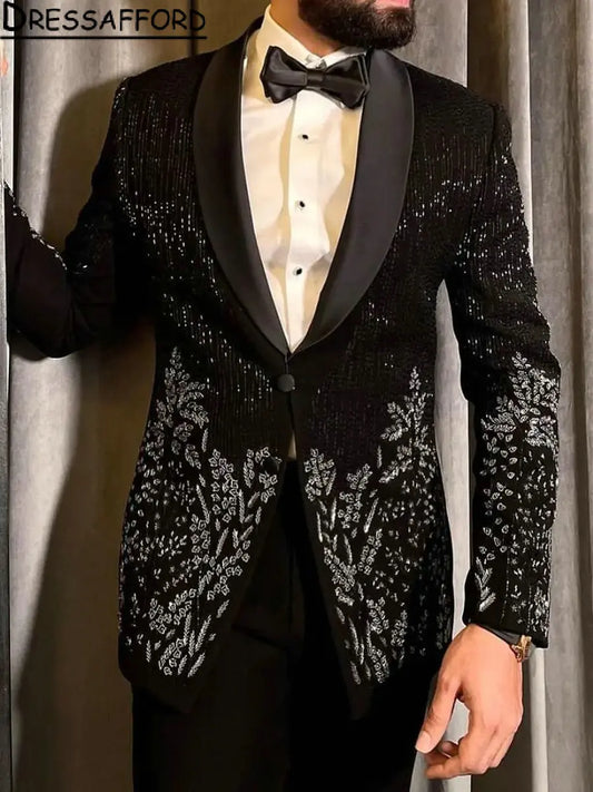 Costume deux pièces pour homme avec perles en cristal noir et paillettes (veste + pantalon)