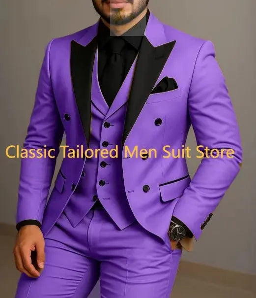 Beige Double Breasted Black Lapel  Slim Fit Wedding Suit LADYLYS