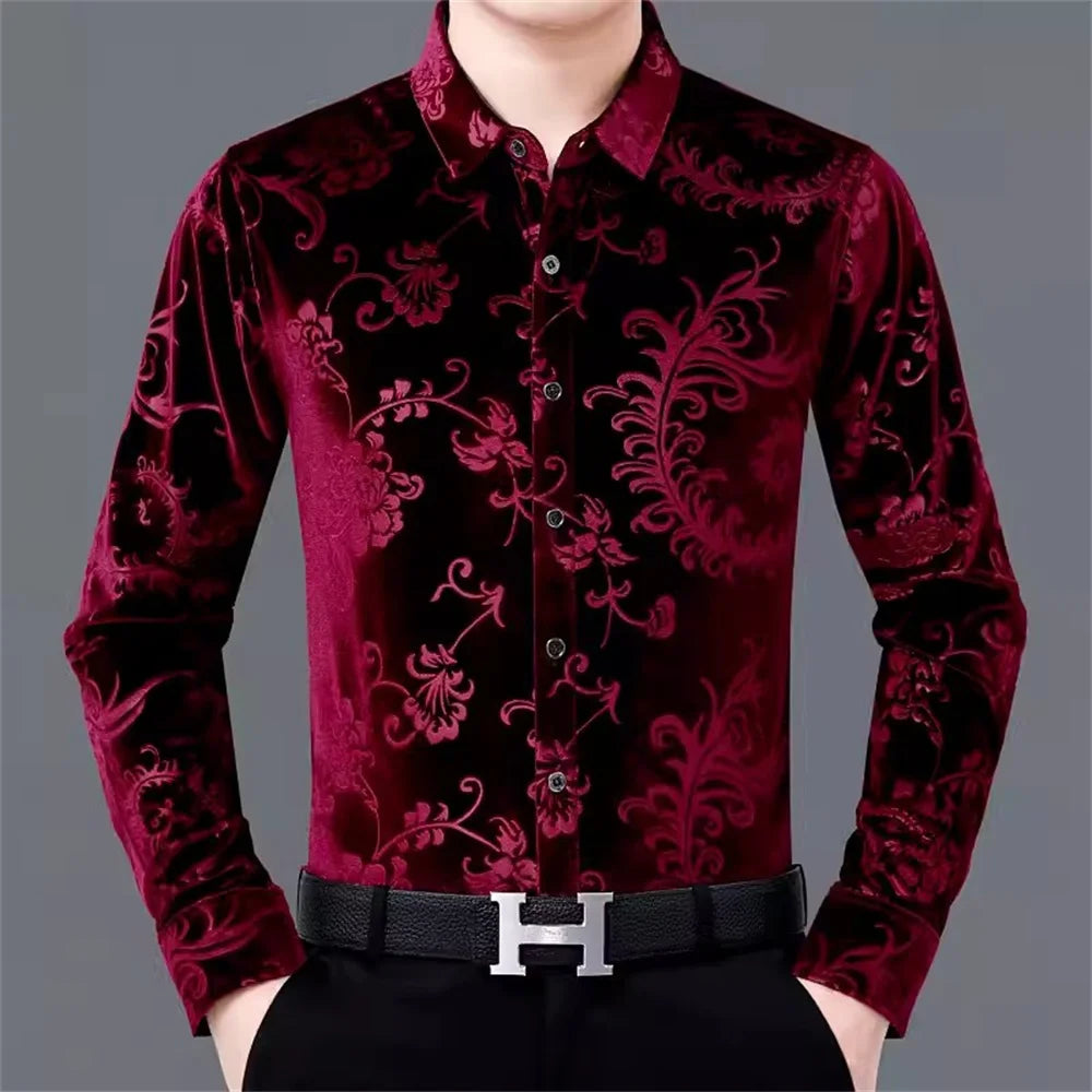 Chemise de danse latine imprimée rouge pour hommes, costume de danse moderne à manches longues, haut à revers