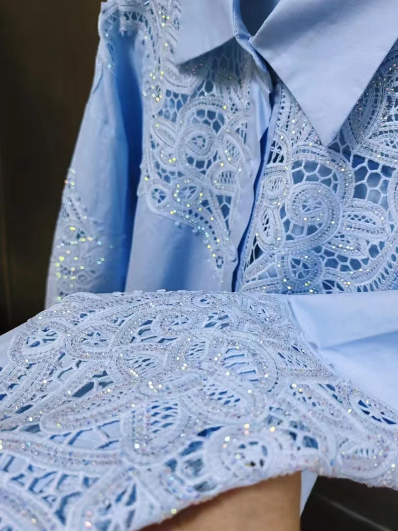 Luxury Design Bling Sequins Embroidery Cotton Shirts Blouses For Women's Long Sleeve Oversize