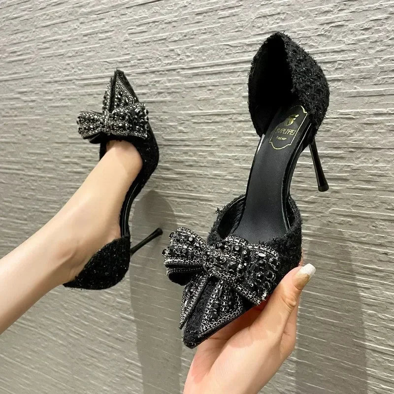 Chaussures talons hauts pour femmes, escarpins de luxe avec perles et nœud papillon en cristal