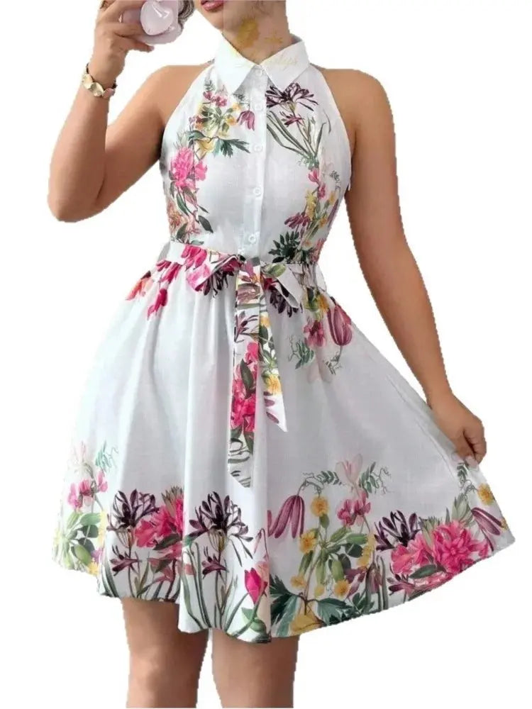 Printed Waist Halterneck Tie Dress Elegant LADYLYS