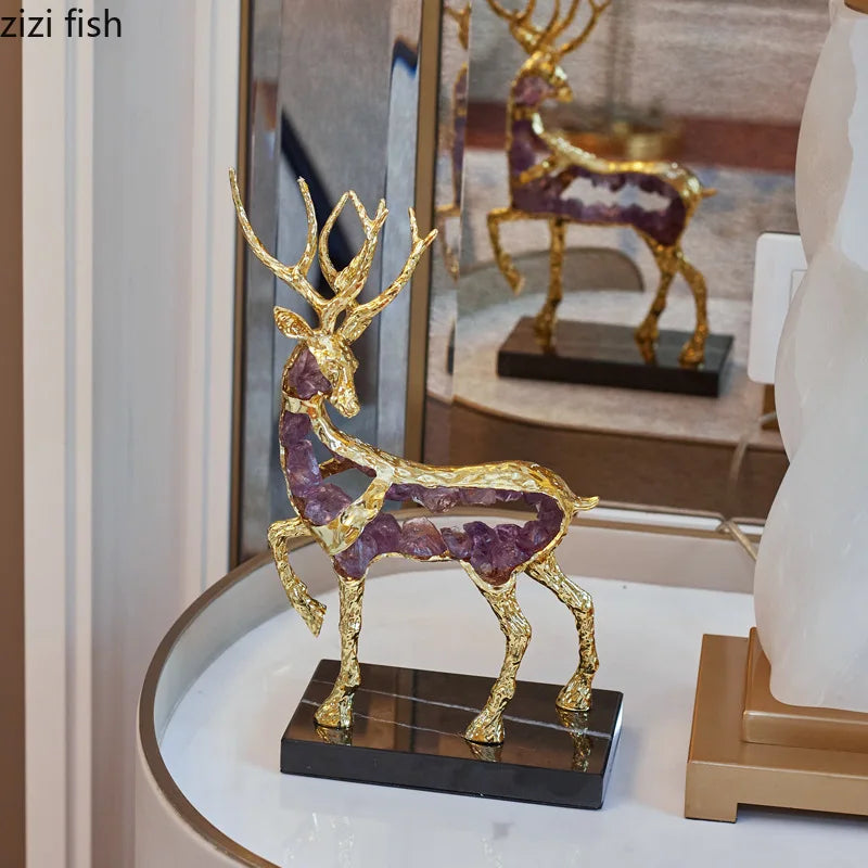 Statue de cerf en alliage de cristal naturel, Design créatif ajouré
