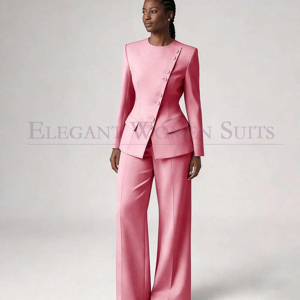 Single Breasted Women's Suits Blazer Luxury O-neck Regular Length 2 Piece LADYLYS