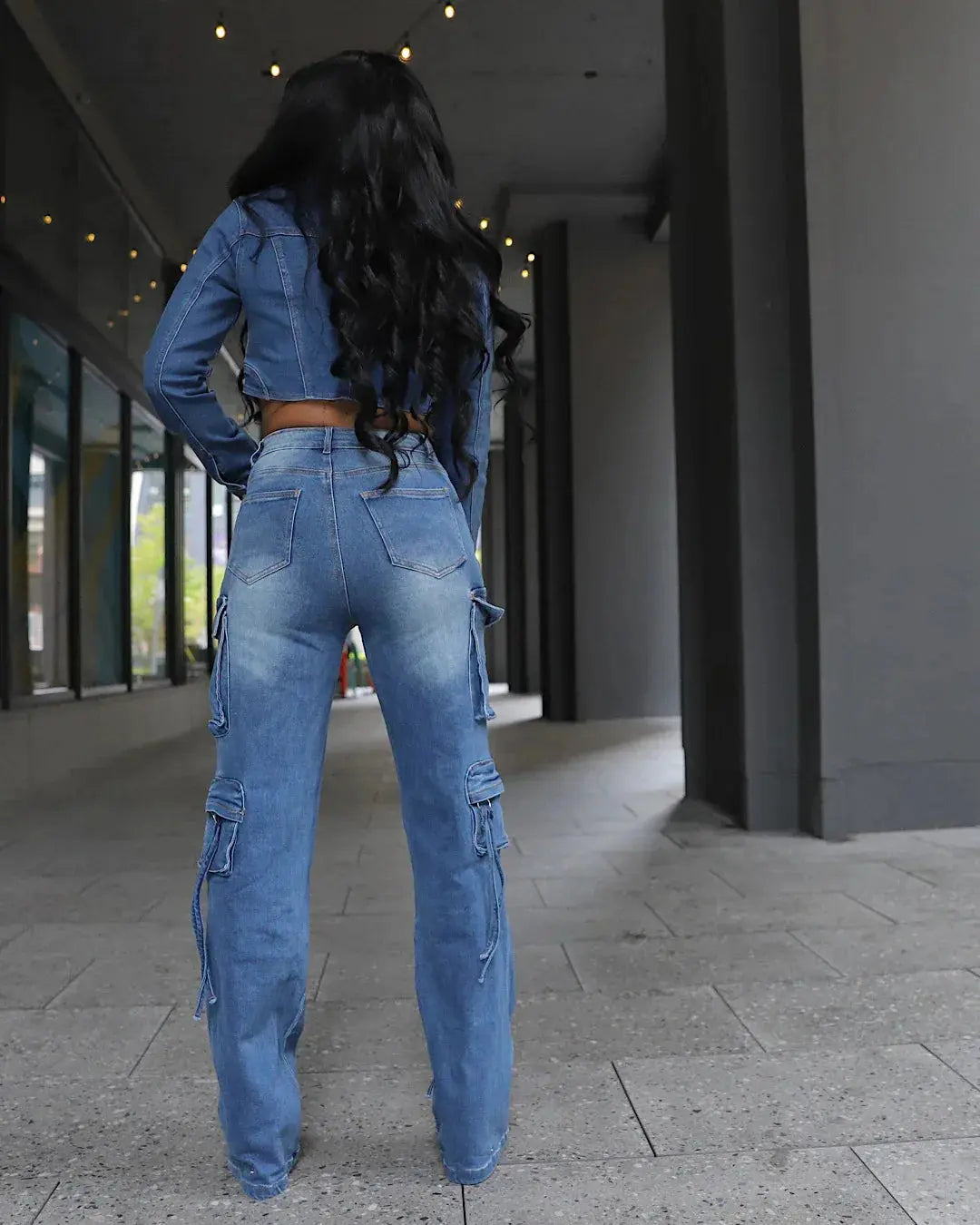 Washed Denim Women's Set Full Sleeve Button Fly Jacket and Pockets Cargo Jeans Pants Suit LADYLYS