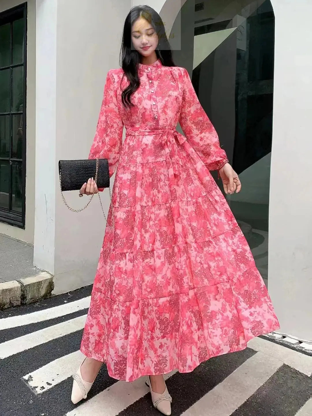 Long Sleeve Bandage Slim Long High Quality Fashion Floral Print Big Hem Chiffon Dress LADYLYS