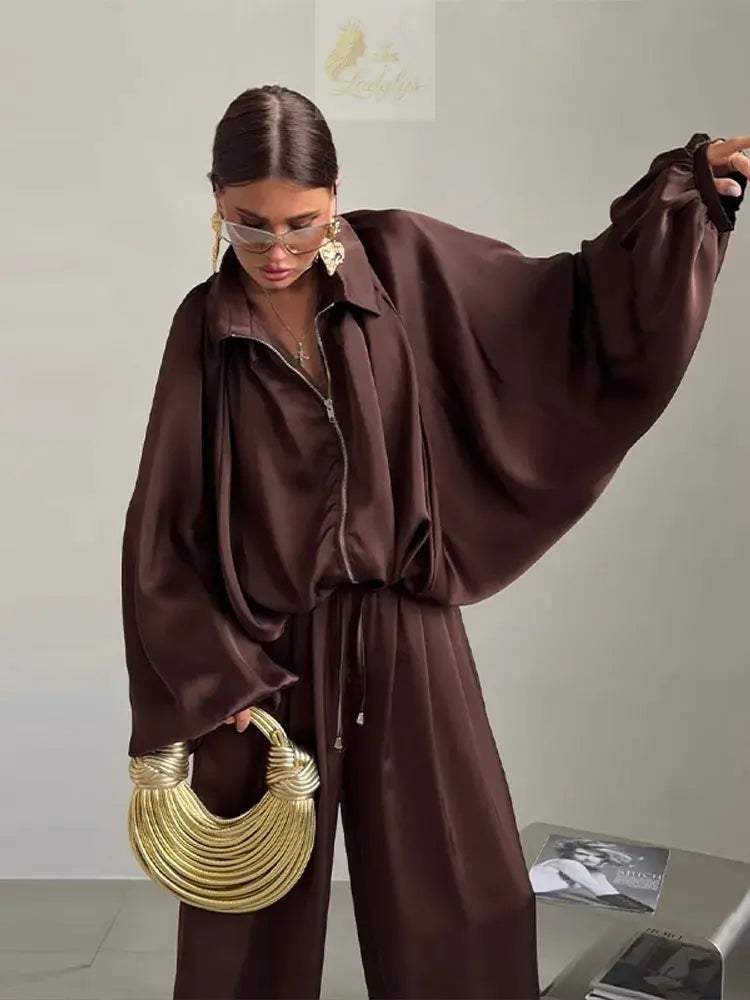 Casual Loose Pleated Shirt Pants Suit Women Solid Full Lantern Sleeve Zipper Shirts Wide Leg LADYLYS